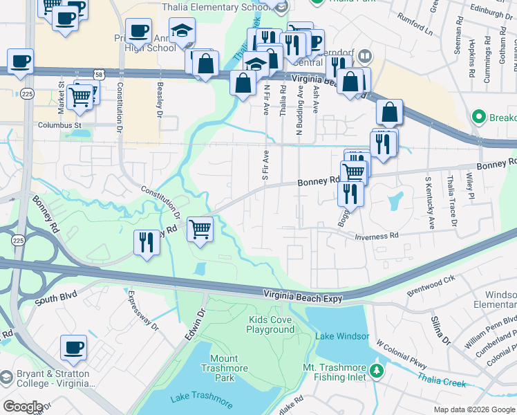 map of restaurants, bars, coffee shops, grocery stores, and more near 152 South Fir Avenue in Virginia Beach