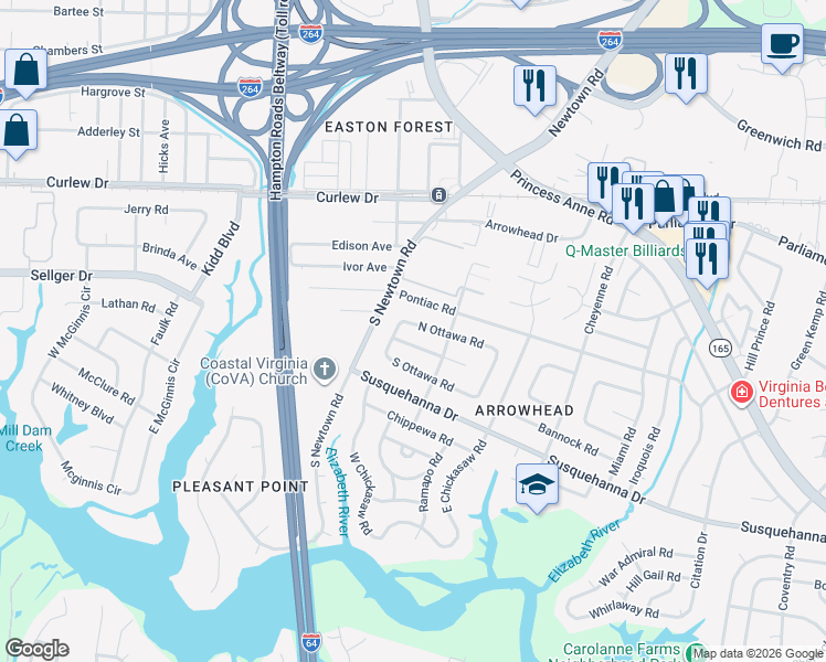 map of restaurants, bars, coffee shops, grocery stores, and more near 5816 North Ottawa Road in Virginia Beach