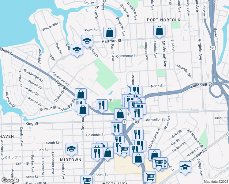 map of restaurants, bars, coffee shops, grocery stores, and more near 2500 Oakleaf Place in Portsmouth