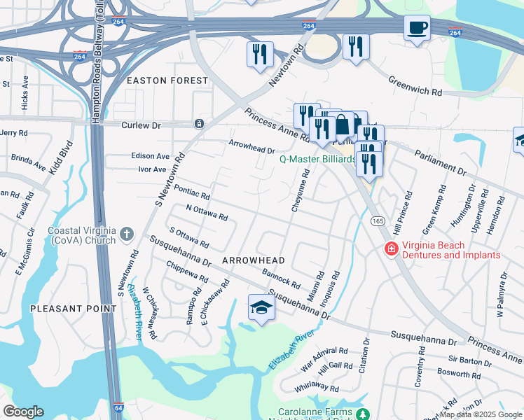 map of restaurants, bars, coffee shops, grocery stores, and more near 5724 Pontiac Road in Virginia Beach