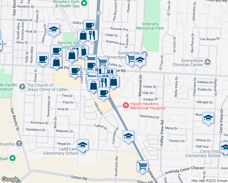 map of restaurants, bars, coffee shops, grocery stores, and more near 1725 Airline Highway in Hollister