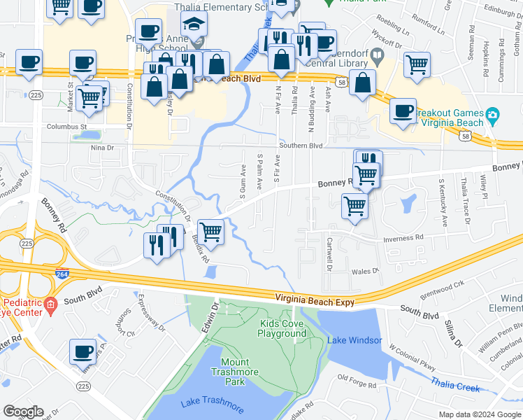 map of restaurants, bars, coffee shops, grocery stores, and more near 4329 Bonney Road in Virginia Beach