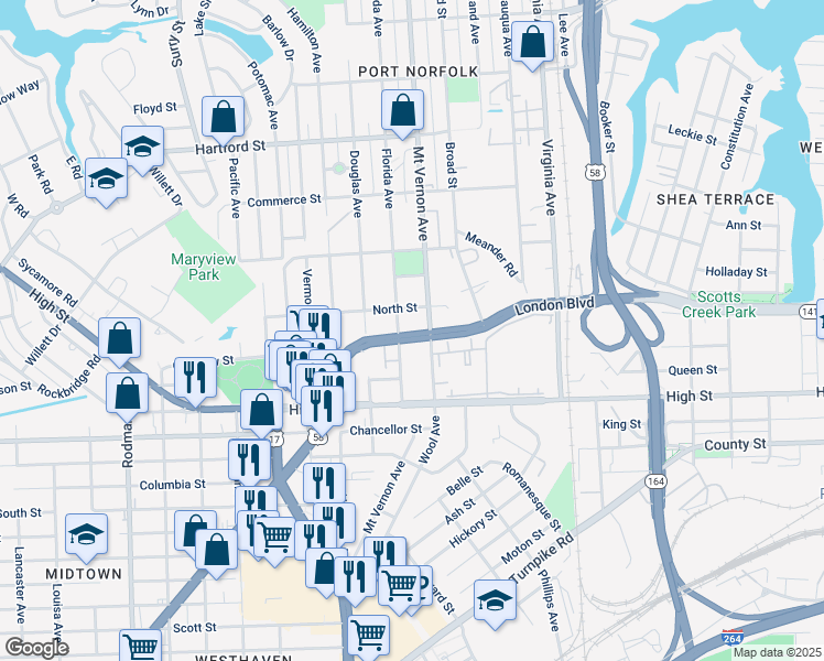 map of restaurants, bars, coffee shops, grocery stores, and more near 2816 London Boulevard in Portsmouth