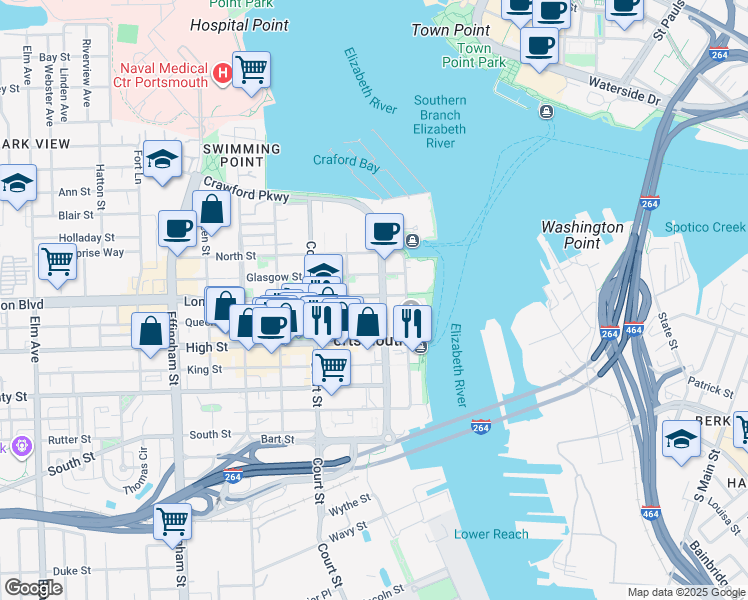 map of restaurants, bars, coffee shops, grocery stores, and more near 218 London Street in Portsmouth