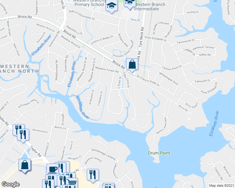 map of restaurants, bars, coffee shops, grocery stores, and more near 2809 Point Court in Chesapeake