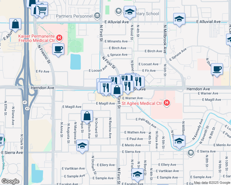 map of restaurants, bars, coffee shops, grocery stores, and more near 6742-6798 N 1st St in Fresno