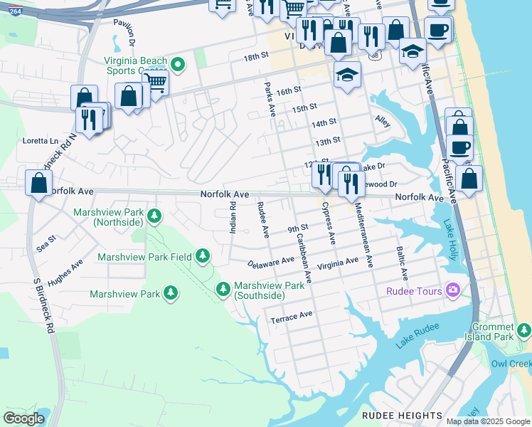 map of restaurants, bars, coffee shops, grocery stores, and more near 815 Pine Acre Circle in Virginia Beach