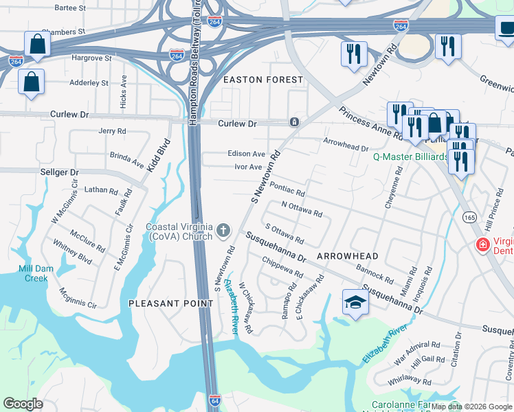 map of restaurants, bars, coffee shops, grocery stores, and more near 212 South Newtown Road in Virginia Beach
