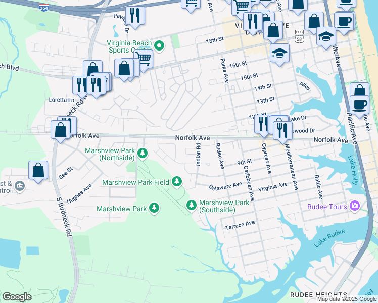 map of restaurants, bars, coffee shops, grocery stores, and more near 1200 Indian Road in Virginia Beach