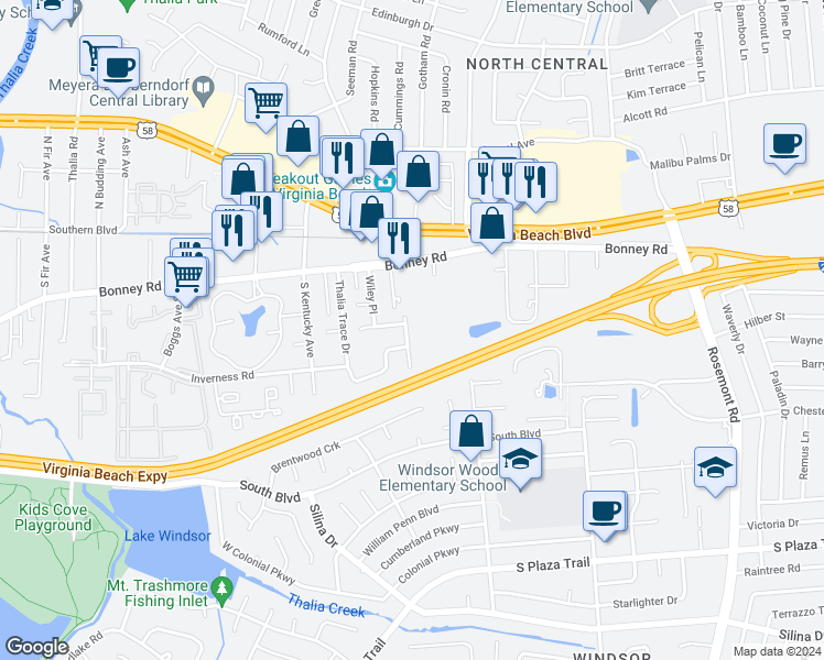 map of restaurants, bars, coffee shops, grocery stores, and more near 116 Greendale Road in Virginia Beach