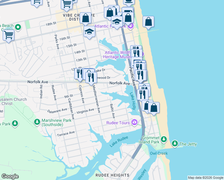 map of restaurants, bars, coffee shops, grocery stores, and more near 438 9th Street in Virginia Beach