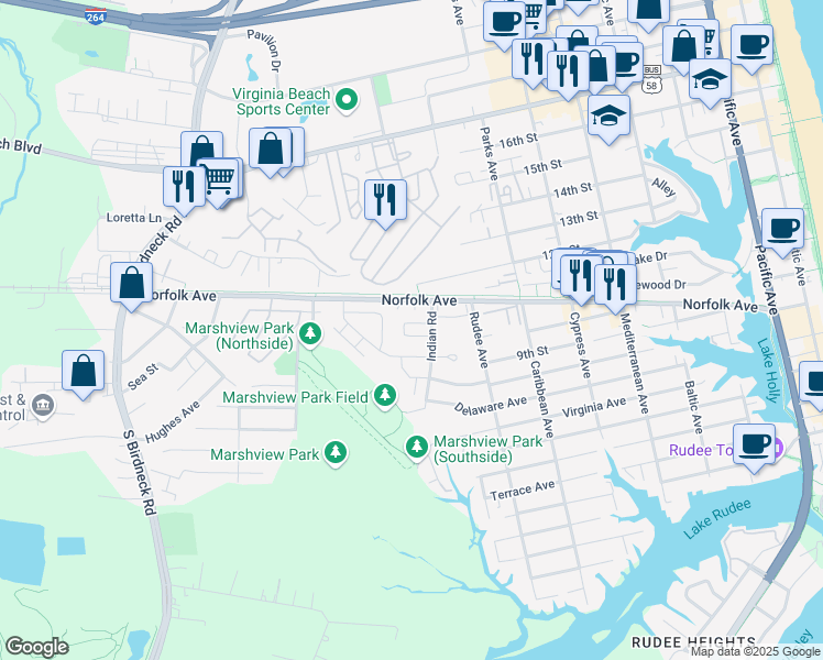 map of restaurants, bars, coffee shops, grocery stores, and more near 1146 Indian Road in Virginia Beach