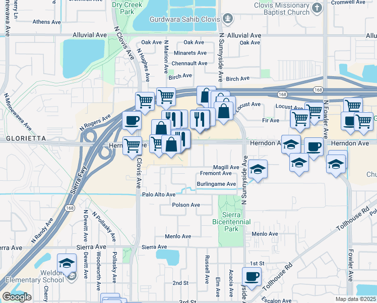 map of restaurants, bars, coffee shops, grocery stores, and more near 354 North Phillip Avenue in Clovis
