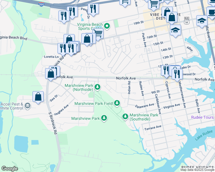 map of restaurants, bars, coffee shops, grocery stores, and more near 1119 Black Duck Court in Virginia Beach