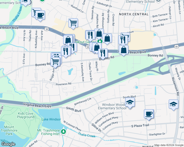 map of restaurants, bars, coffee shops, grocery stores, and more near 158 Thalia Trace Drive in Virginia Beach