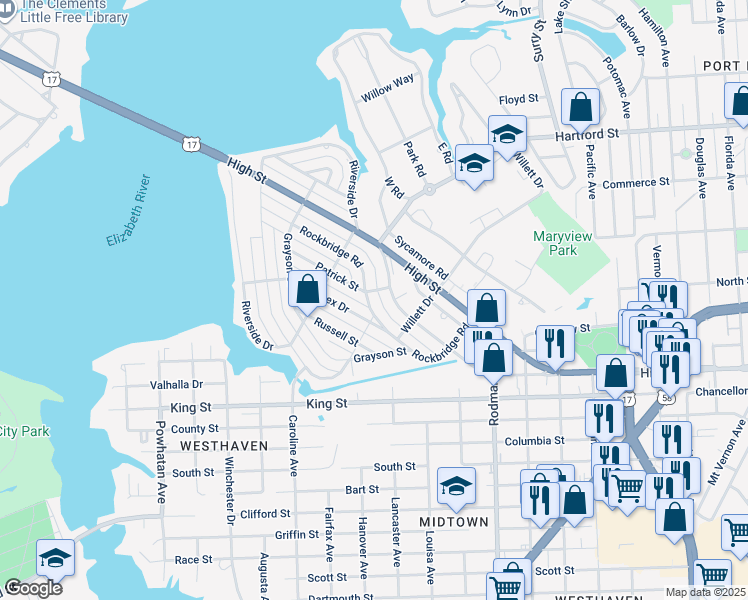 map of restaurants, bars, coffee shops, grocery stores, and more near 324 Rockbridge Road in Portsmouth