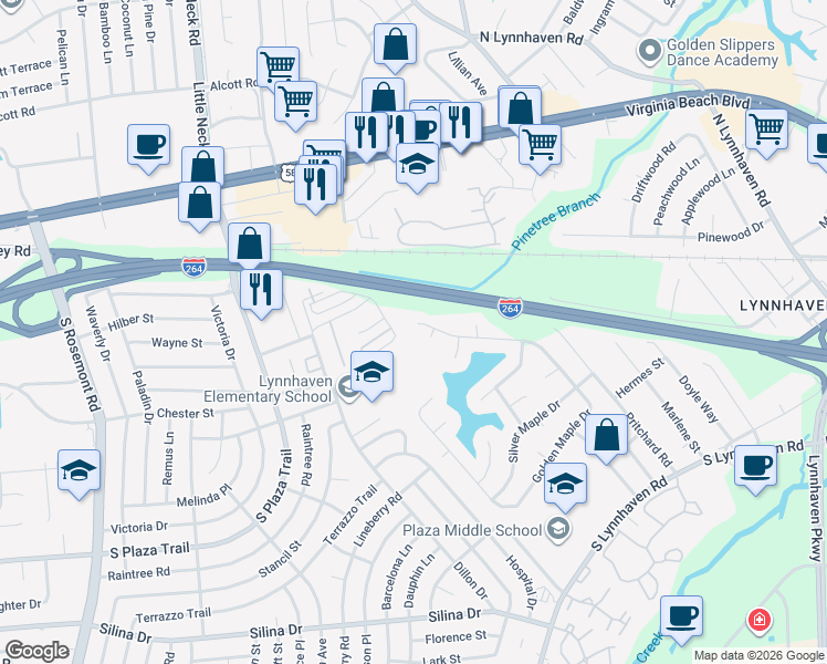 map of restaurants, bars, coffee shops, grocery stores, and more near 105 Golden Maple Drive in Virginia Beach