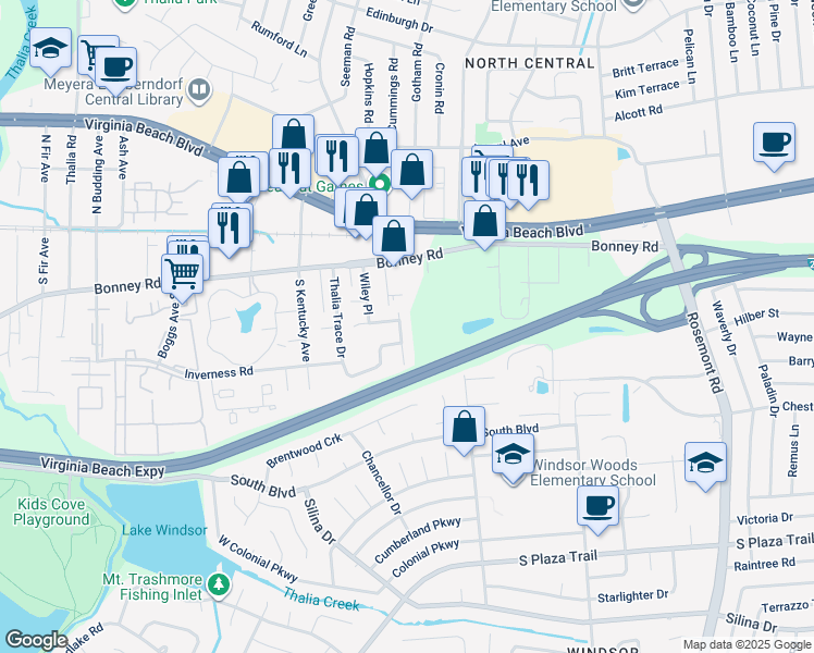 map of restaurants, bars, coffee shops, grocery stores, and more near 3907 Pollypine Drive in Virginia Beach