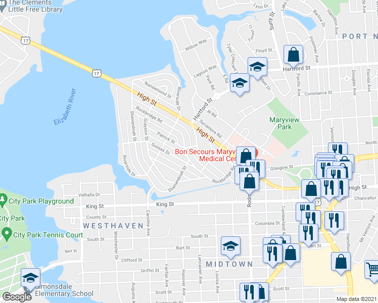 map of restaurants, bars, coffee shops, grocery stores, and more near 324 Rockbridge Road in Portsmouth