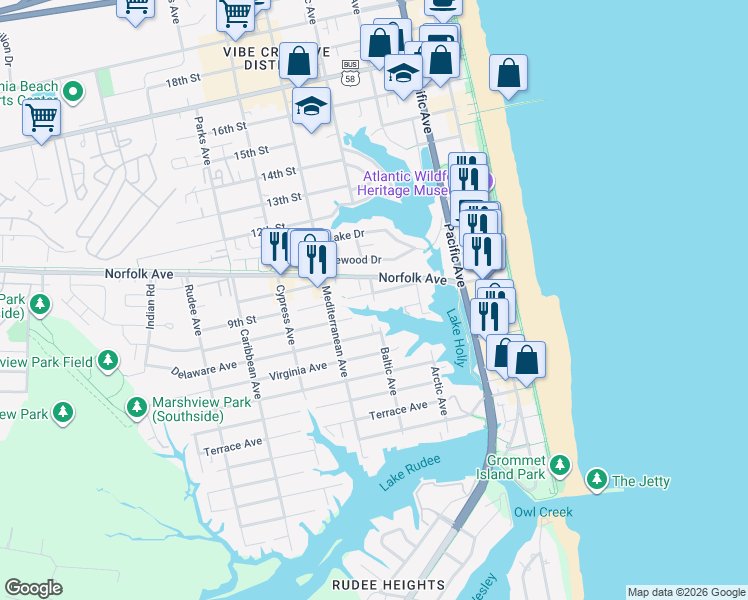 map of restaurants, bars, coffee shops, grocery stores, and more near 438 9th Street in Virginia Beach