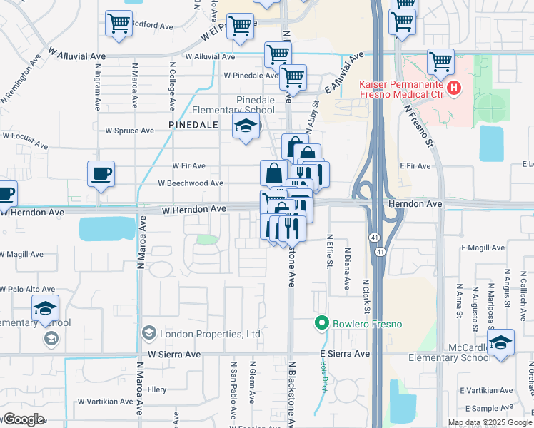 map of restaurants, bars, coffee shops, grocery stores, and more near 61 Villa Drive in Fresno