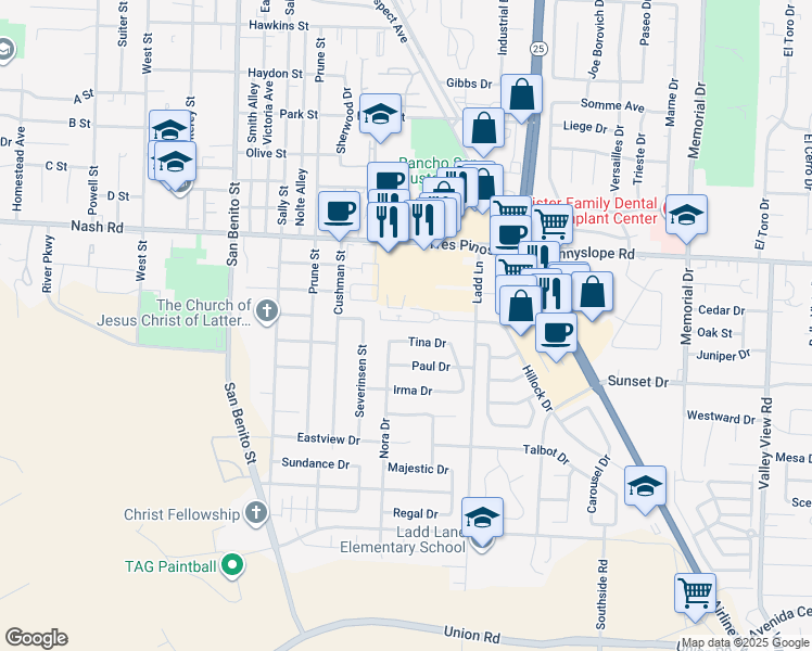 map of restaurants, bars, coffee shops, grocery stores, and more near 291 Slate Avenue in Hollister