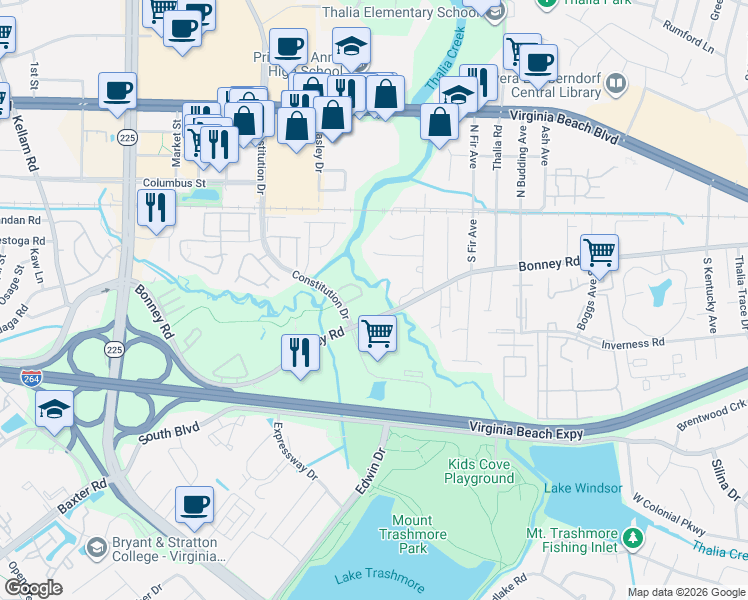 map of restaurants, bars, coffee shops, grocery stores, and more near 4 Constitution Drive in Virginia Beach