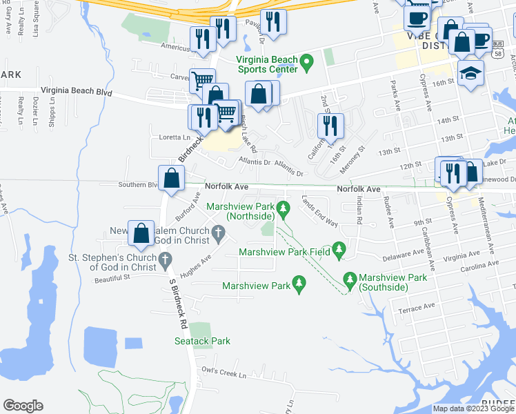map of restaurants, bars, coffee shops, grocery stores, and more near 134 Saw Grass Bend in Virginia Beach