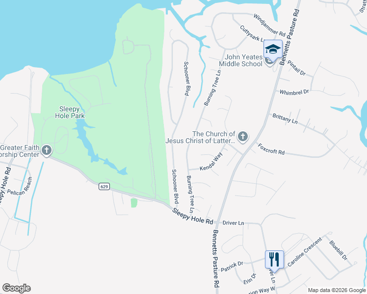 map of restaurants, bars, coffee shops, grocery stores, and more near 2747 Burning Tree Lane in Suffolk