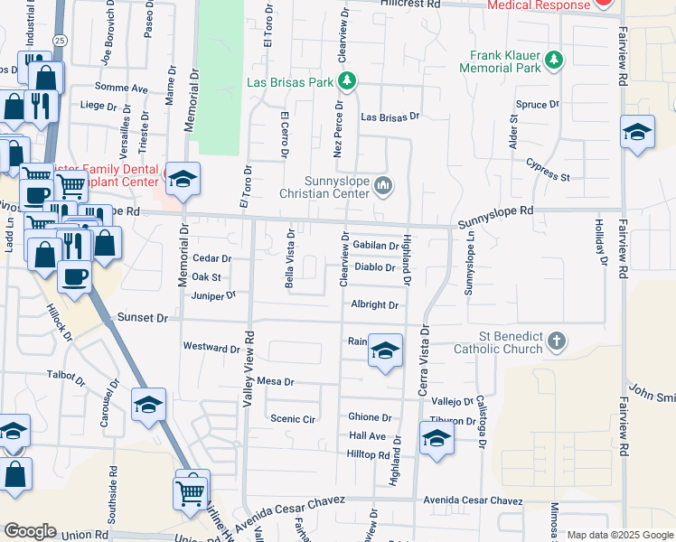 map of restaurants, bars, coffee shops, grocery stores, and more near 1600 Clearview Drive in Hollister