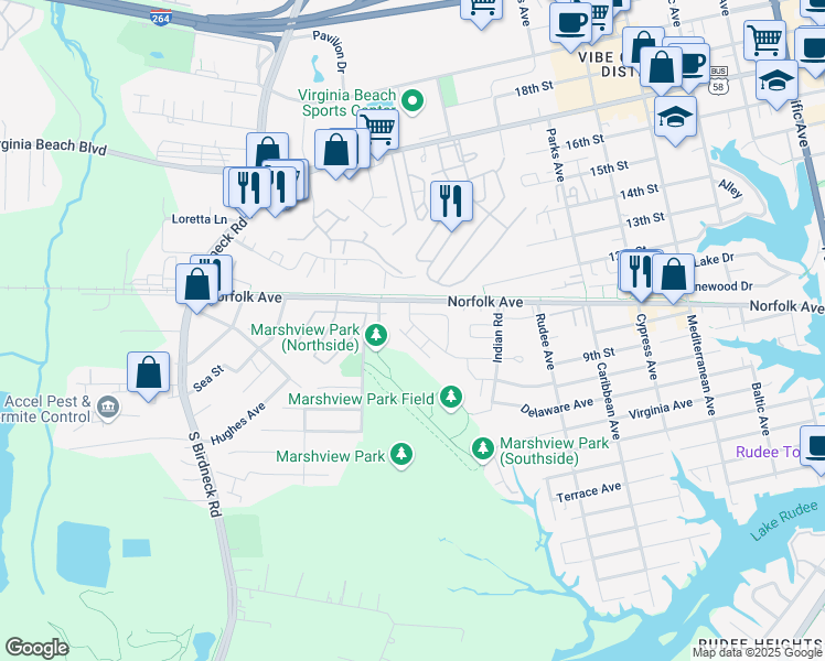 map of restaurants, bars, coffee shops, grocery stores, and more near 534 Marsh Duck Way in Virginia Beach