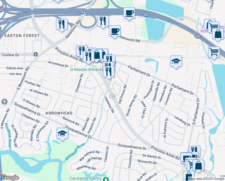 map of restaurants, bars, coffee shops, grocery stores, and more near 5521 Carolanne Terrace in Virginia Beach