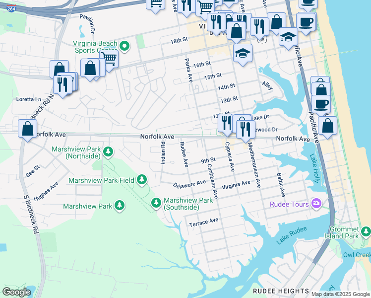 map of restaurants, bars, coffee shops, grocery stores, and more near 815 Pine Acre Circle in Virginia Beach