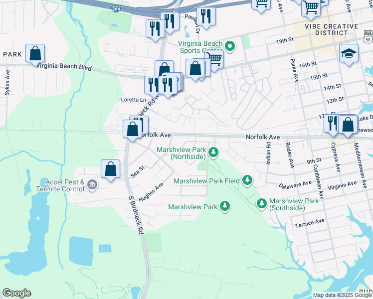 map of restaurants, bars, coffee shops, grocery stores, and more near Lands End Way in Virginia Beach