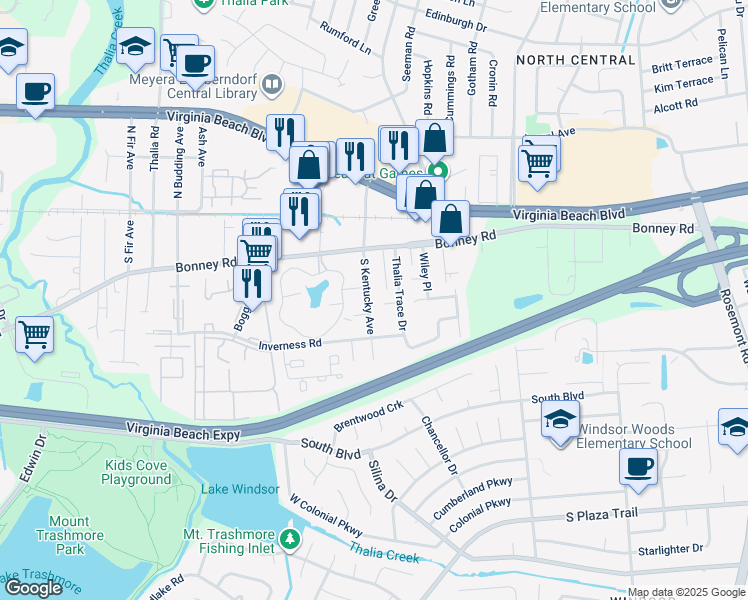 map of restaurants, bars, coffee shops, grocery stores, and more near 142 South Kentucky Avenue in Virginia Beach