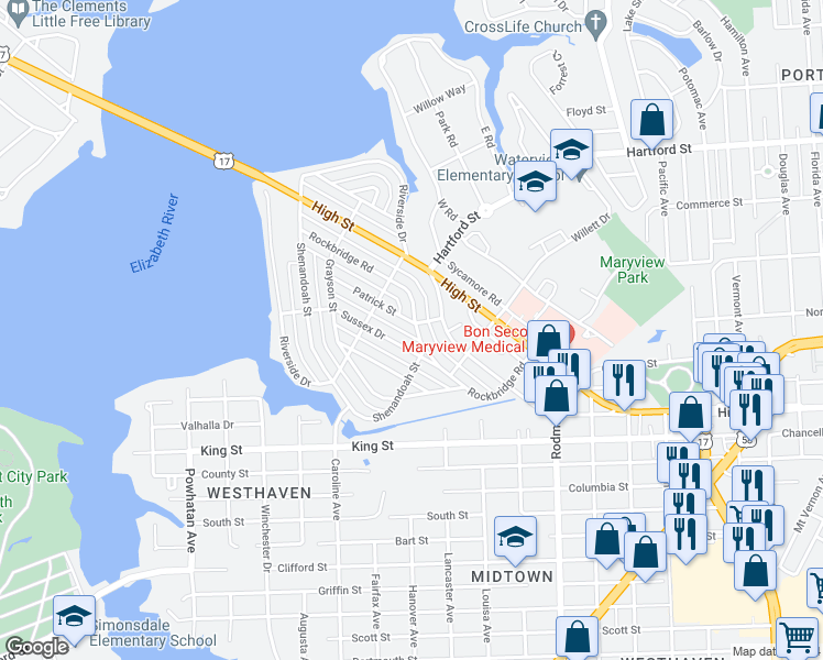 map of restaurants, bars, coffee shops, grocery stores, and more near 315 Rockbridge Road in Portsmouth