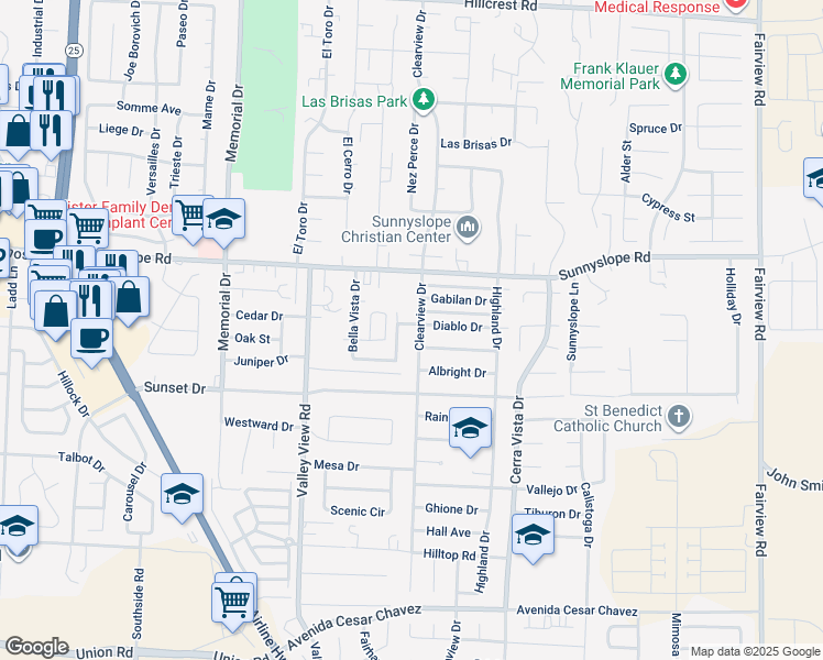 map of restaurants, bars, coffee shops, grocery stores, and more near 1600 Clearview Drive in Hollister