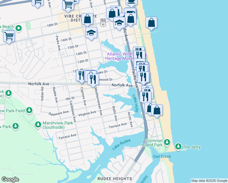 map of restaurants, bars, coffee shops, grocery stores, and more near 438 9th Street in Virginia Beach