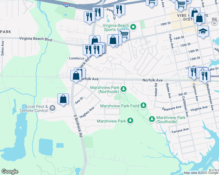 map of restaurants, bars, coffee shops, grocery stores, and more near 126 Saw Grass Bend in Virginia Beach