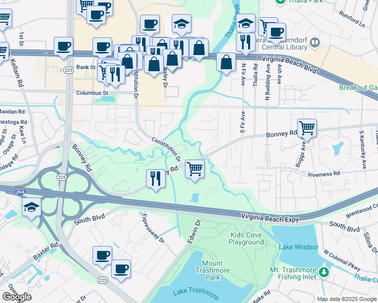 map of restaurants, bars, coffee shops, grocery stores, and more near 4376-4468 Bonney Rd in Virginia Beach