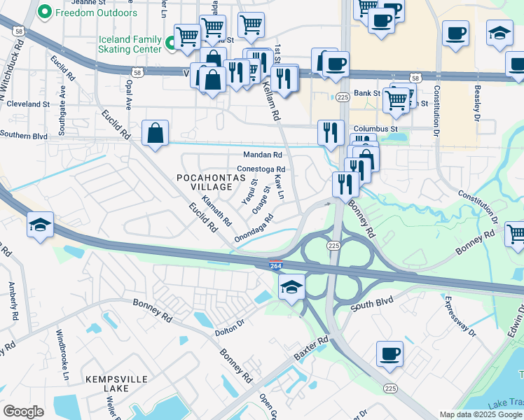 map of restaurants, bars, coffee shops, grocery stores, and more near 117 Onondaga Road in Virginia Beach