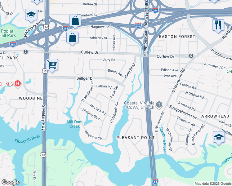 map of restaurants, bars, coffee shops, grocery stores, and more near 209 East McGinnis Circle in Norfolk