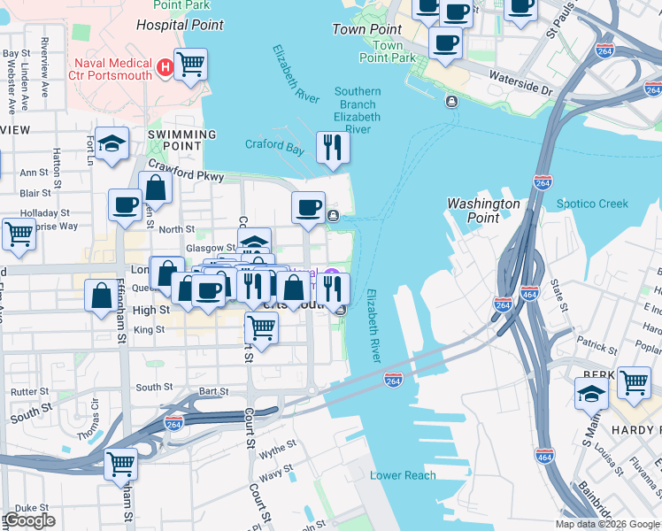 map of restaurants, bars, coffee shops, grocery stores, and more near 108 London Street in Portsmouth