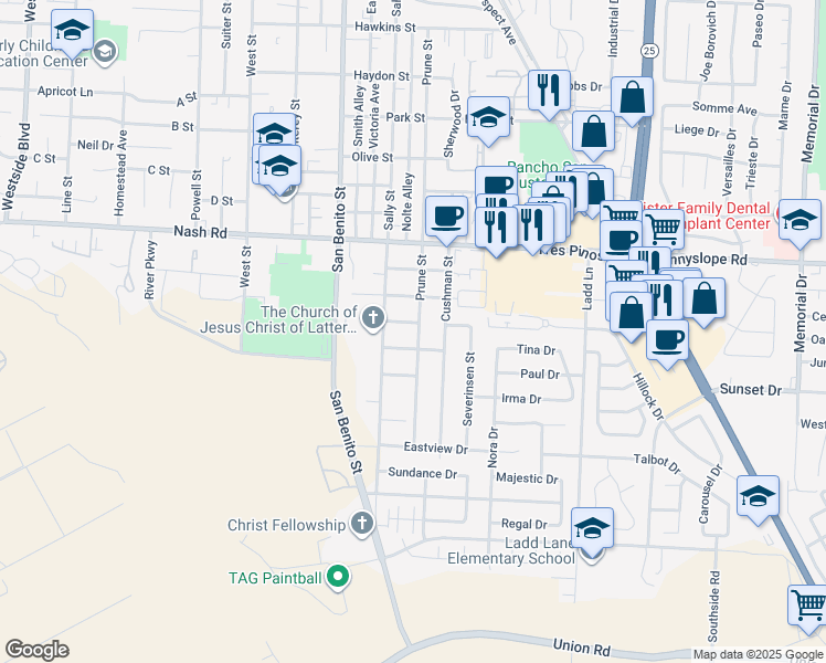 map of restaurants, bars, coffee shops, grocery stores, and more near 1760 Prune Street in Hollister