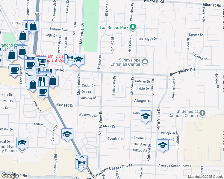 map of restaurants, bars, coffee shops, grocery stores, and more near 1680 Bella Vista Drive in Hollister