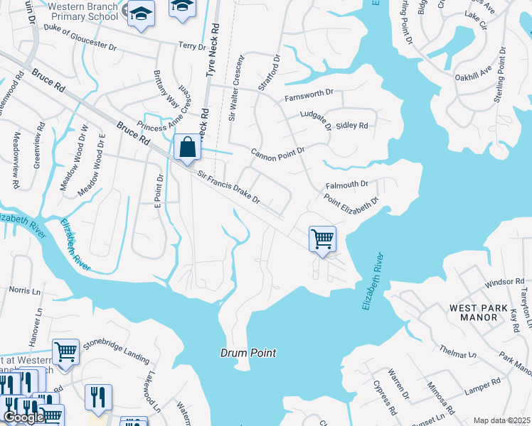 map of restaurants, bars, coffee shops, grocery stores, and more near 3834 Sir Francis Drake Drive in Chesapeake