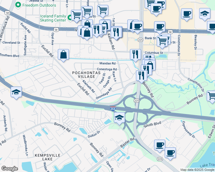 map of restaurants, bars, coffee shops, grocery stores, and more near 117 Onondaga Road in Virginia Beach