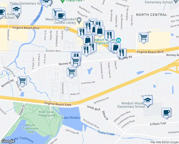 map of restaurants, bars, coffee shops, grocery stores, and more near 299 Runaway Bay Drive in Virginia Beach