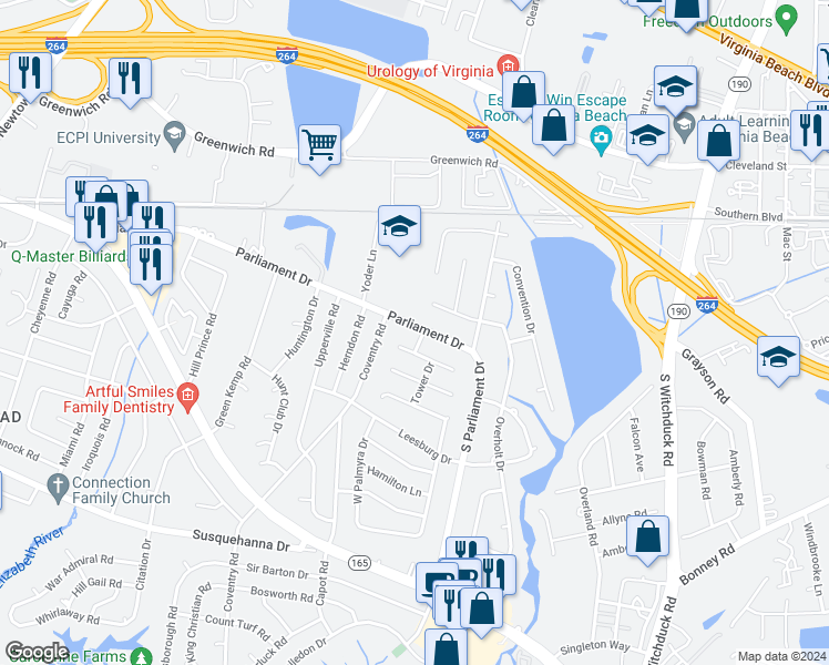 map of restaurants, bars, coffee shops, grocery stores, and more near 5329 Parliament Drive in Virginia Beach