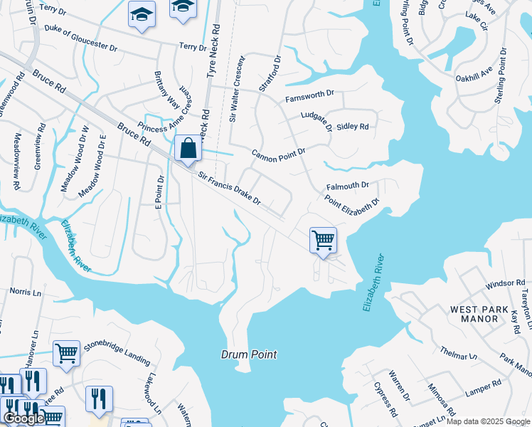 map of restaurants, bars, coffee shops, grocery stores, and more near 3834 Sir Francis Drake Drive in Chesapeake